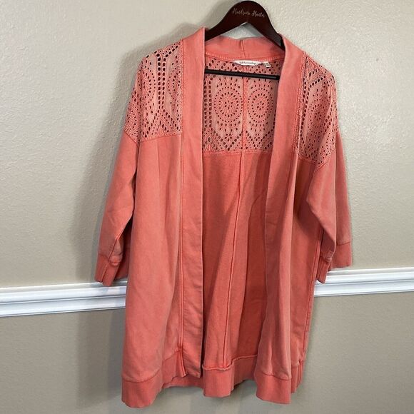 Soft Surroundings M Coral Reef Open Front Cardigan Ellie Topper Eyelet Lace E3 - Picture 3 of 12